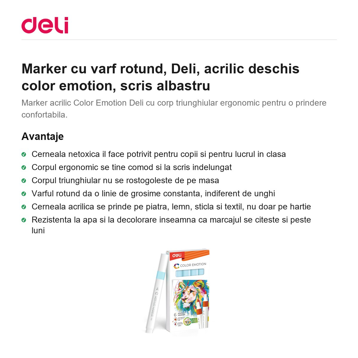Marker cu varf rotund, Deli, acrilic deschis color emotion, scris albastru [2]