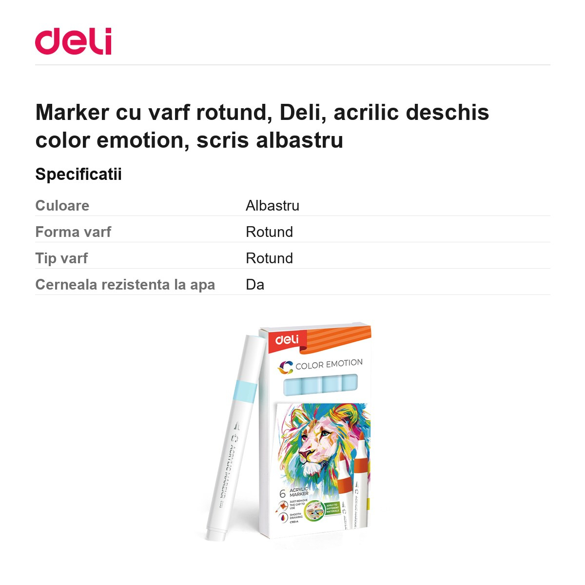 Marker cu varf rotund, Deli, acrilic deschis color emotion, scris albastru [3]