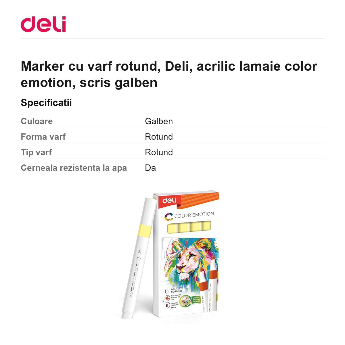 Marker cu varf rotund, Deli, acrilic lamaie color emotion, scris galben [3]