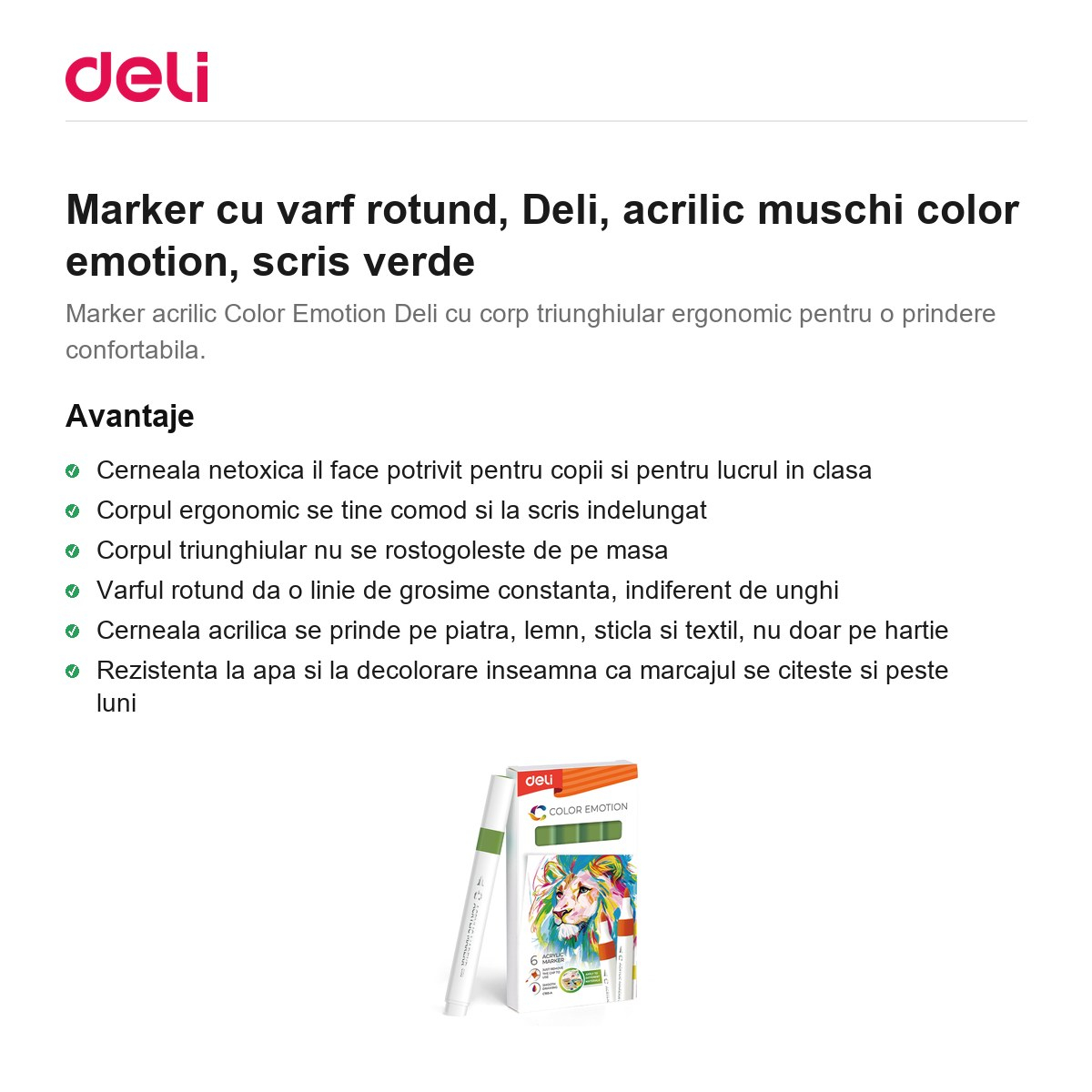 Marker cu varf rotund, Deli, acrilic muschi color emotion, scris verde [2]