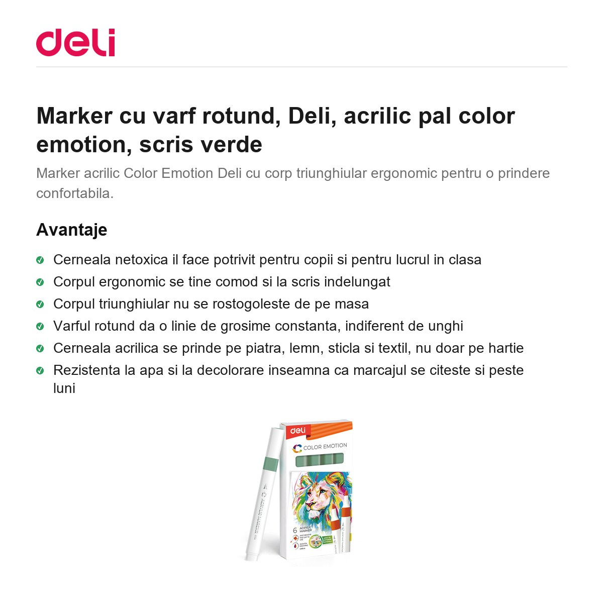 Marker cu varf rotund, Deli, acrilic pal color emotion, scris verde [2]