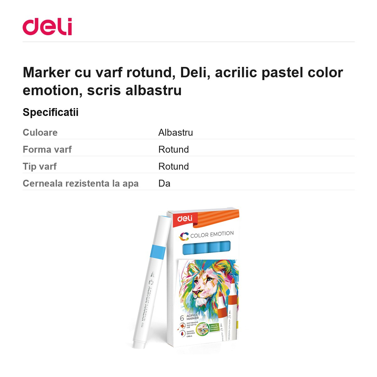 Marker cu varf rotund, Deli, acrilic pastel color emotion, scris albastru [3]