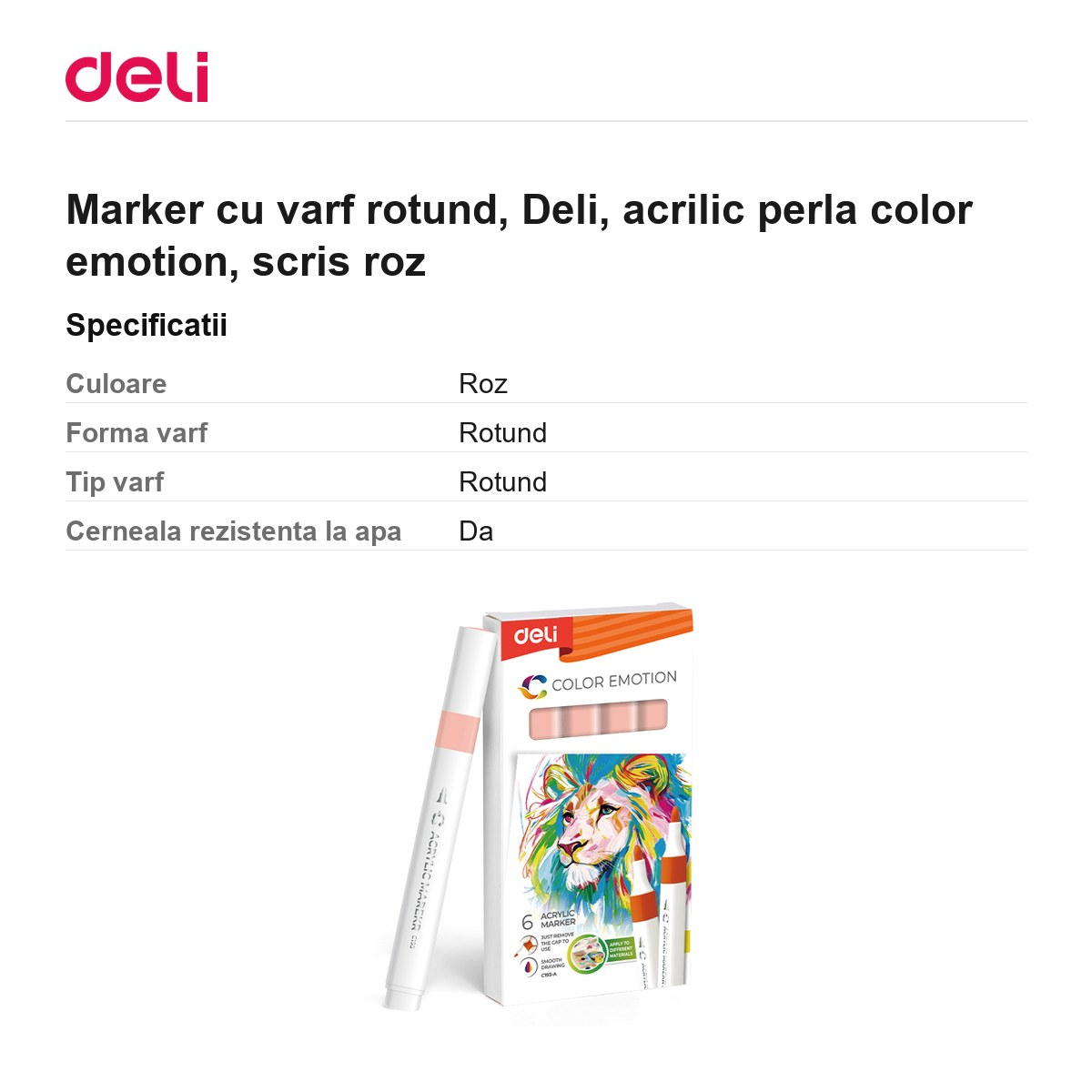 Marker cu varf rotund, Deli, acrilic perla color emotion, scris roz [3]