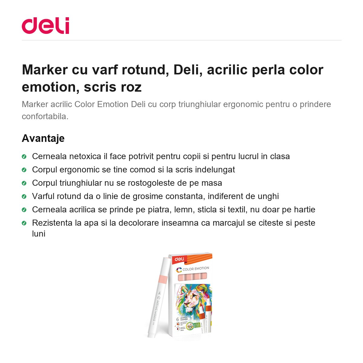 Marker cu varf rotund, Deli, acrilic perla color emotion, scris roz [2]