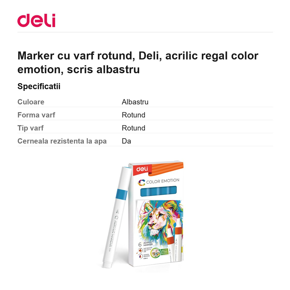 Marker cu varf rotund, Deli, acrilic regal color emotion, scris albastru [3]