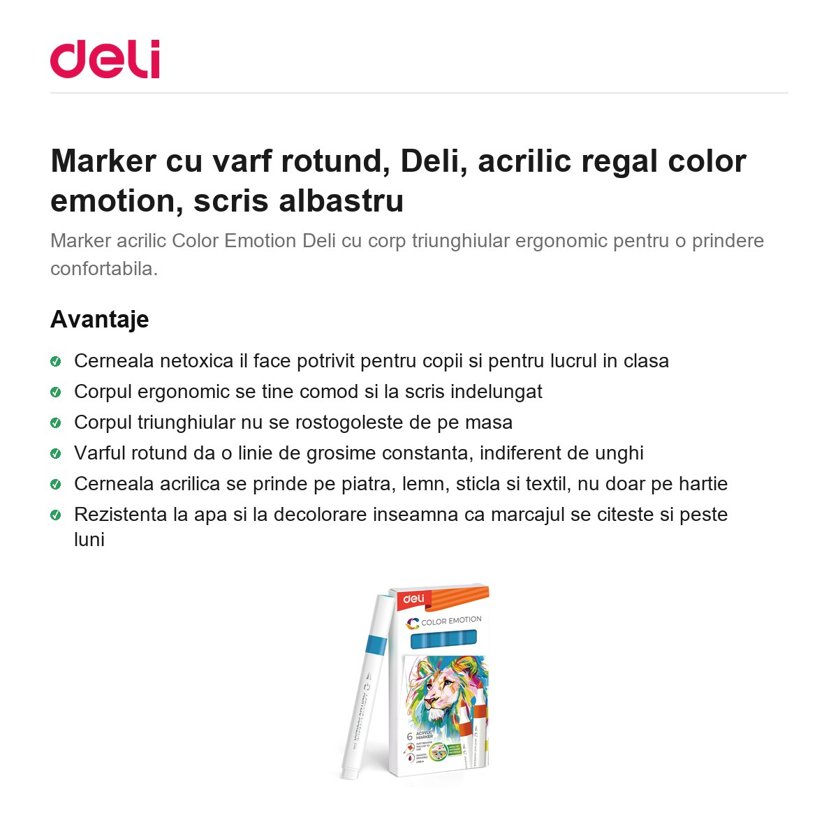 Marker cu varf rotund, Deli, acrilic regal color emotion, scris albastru [2]
