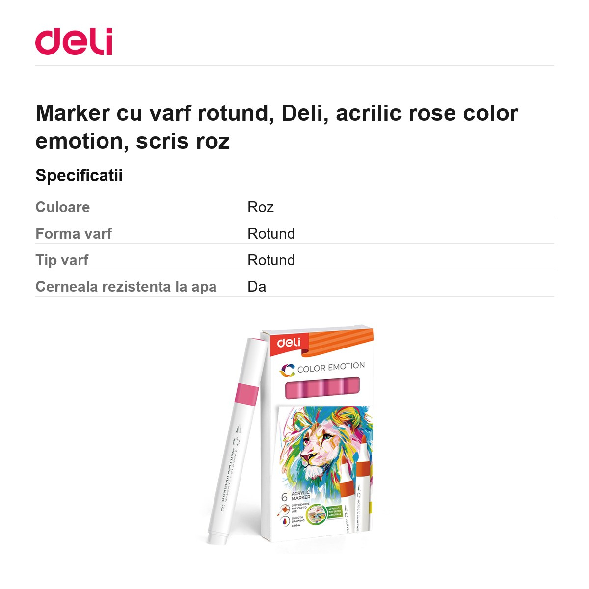 Marker cu varf rotund, Deli, acrilic rose color emotion, scris roz [3]