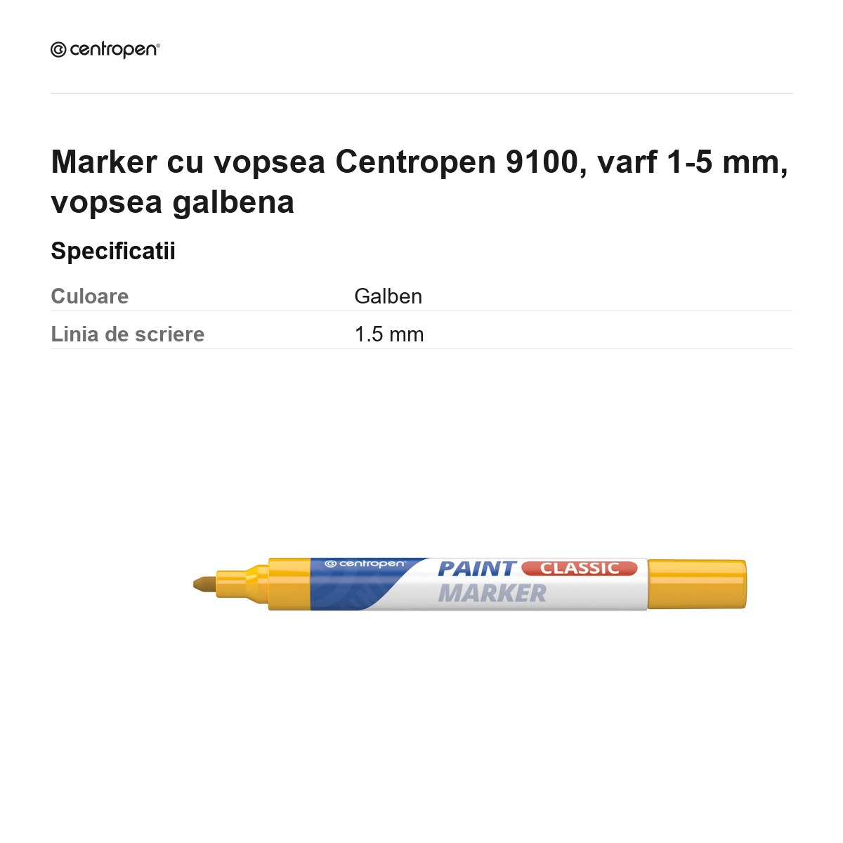 Marker cu vopsea Centropen 9100, varf 1-5 mm, vopsea galbena [3]