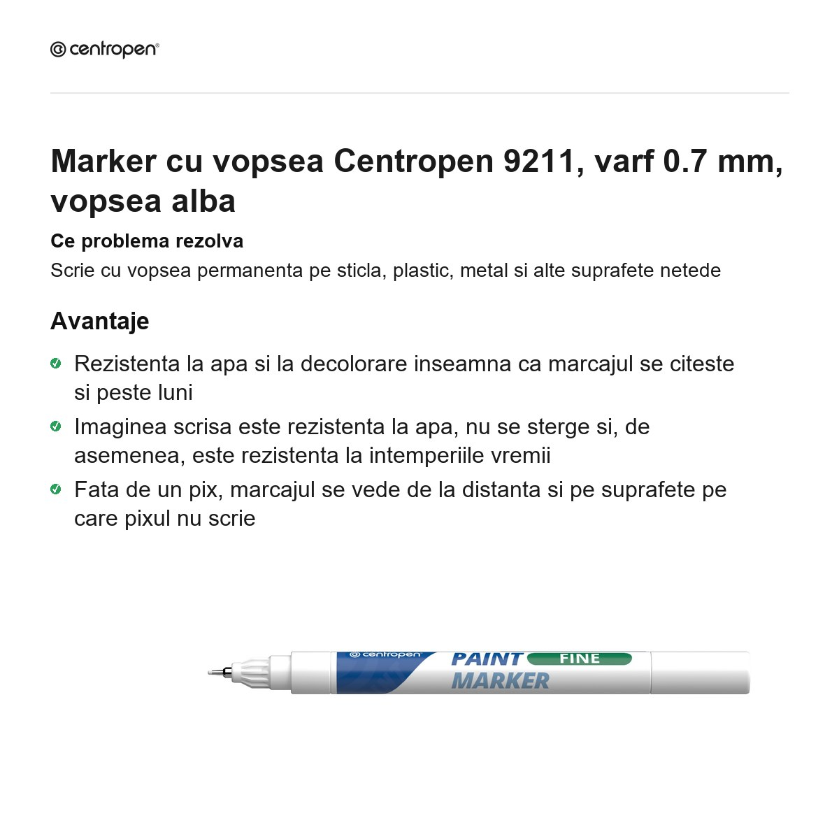 Marker cu vopsea Centropen 9211, varf 0.7 mm, vopsea alba [2]