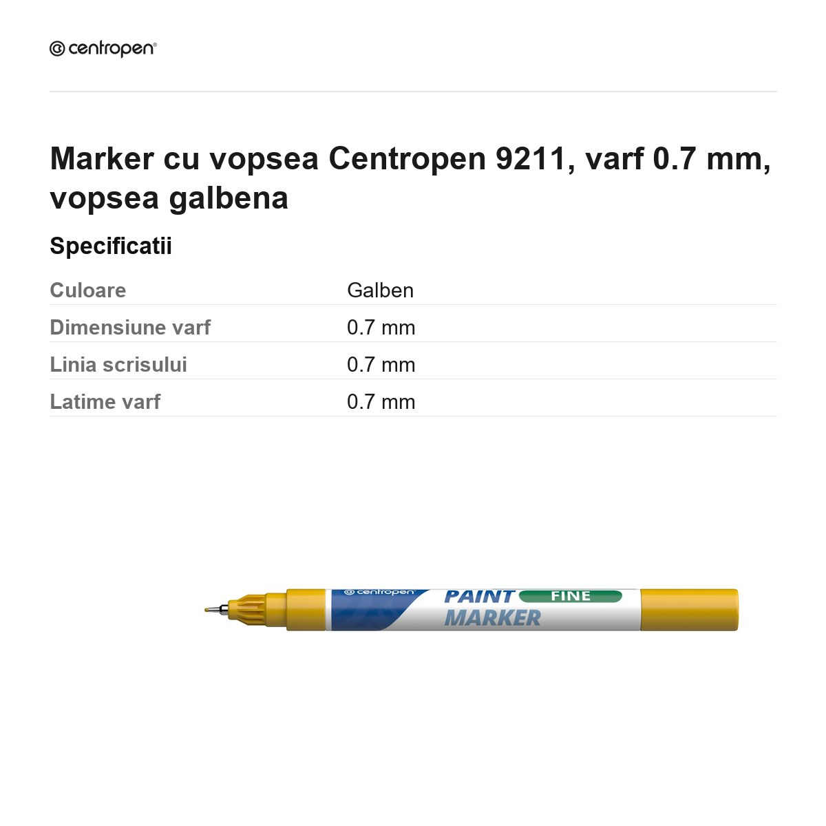 Marker cu vopsea Centropen 9211, varf 0.7 mm, vopsea galbena [3]