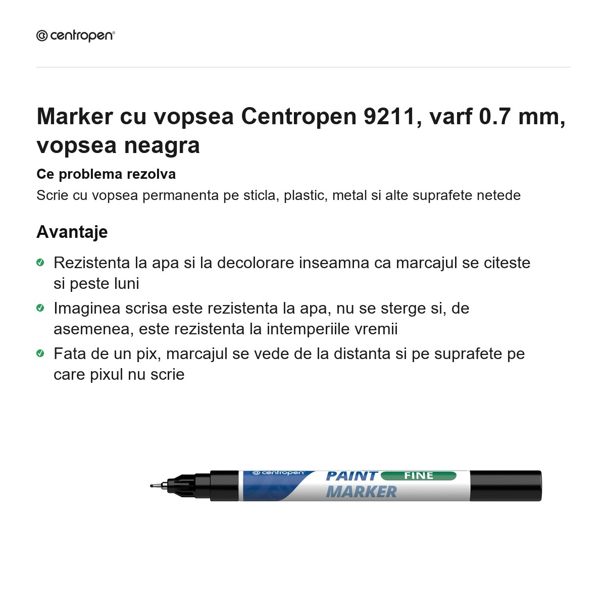 Marker cu vopsea Centropen 9211, varf 0.7 mm, vopsea neagra [2]