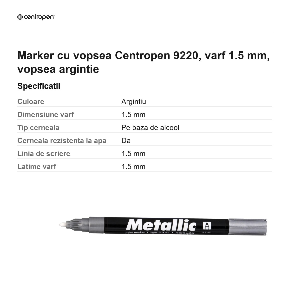Marker cu vopsea Centropen 9220, varf 1.5 mm, vopsea argintie [3]