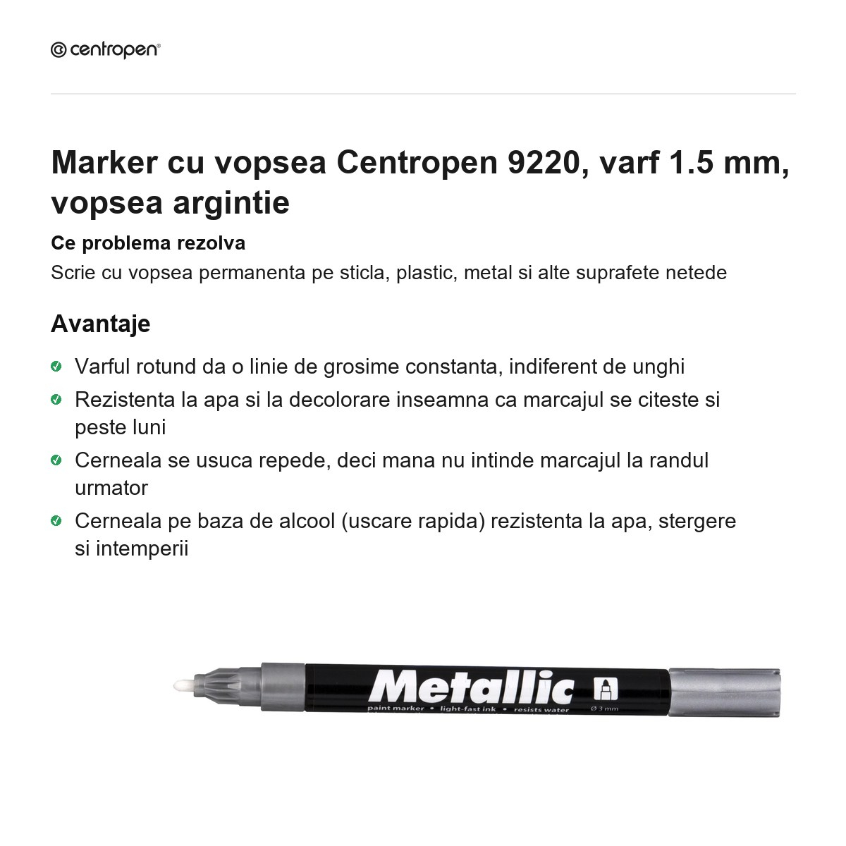 Marker cu vopsea Centropen 9220, varf 1.5 mm, vopsea argintie [2]
