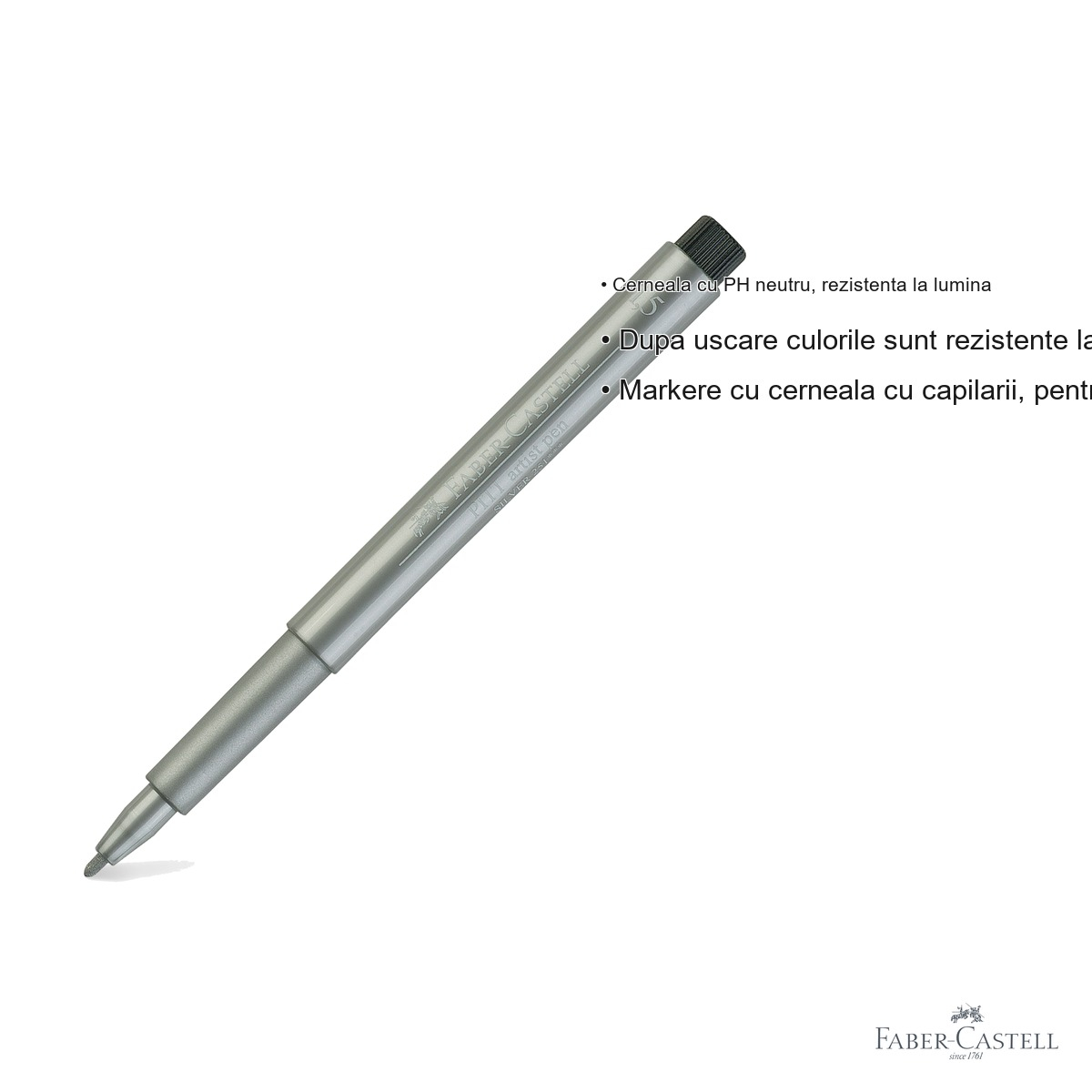 Marker Faber-Castell Pitt Artist Pen argintiu metalic, cerneala rezistenta la apa, linie 1.5mm, pentru arta si grafica [3]
