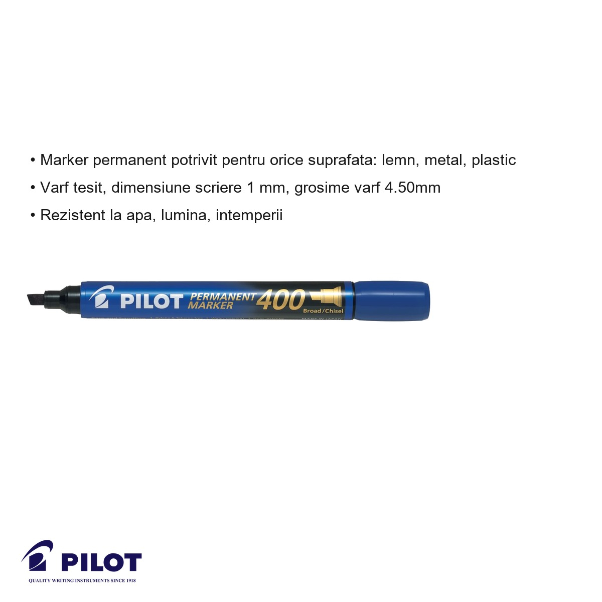 Marker permanent albastru Pilot P400, varf tesit 4 mm, rezistent la apa, pentru suprafete multiple [6]