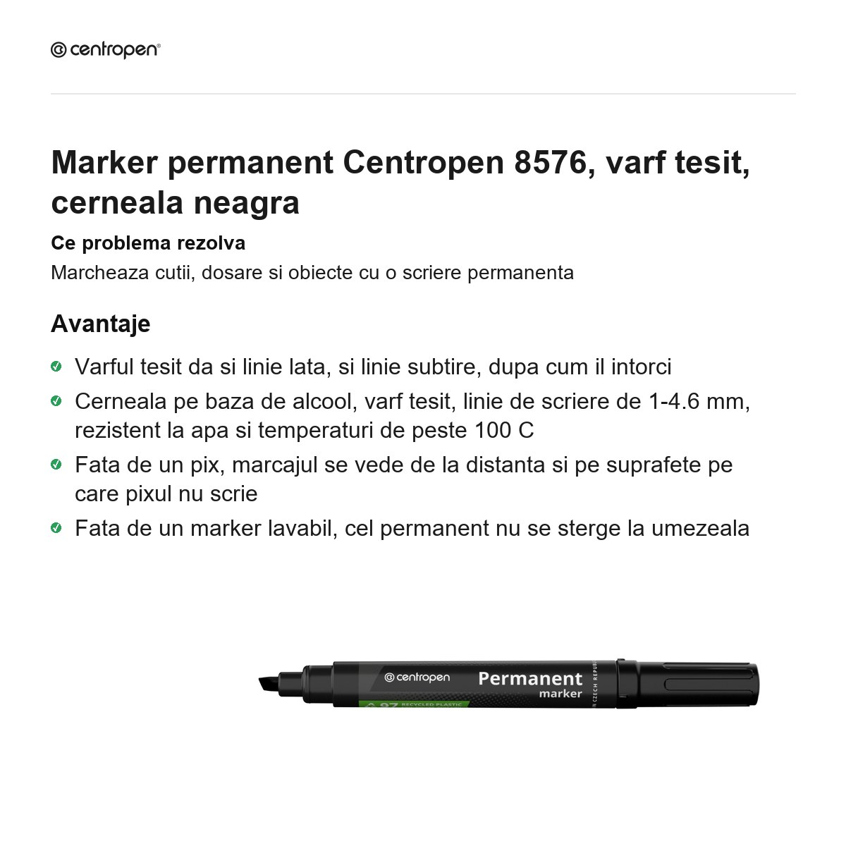 Marker permanent Centropen 8576, varf tesit, cerneala neagra [2]