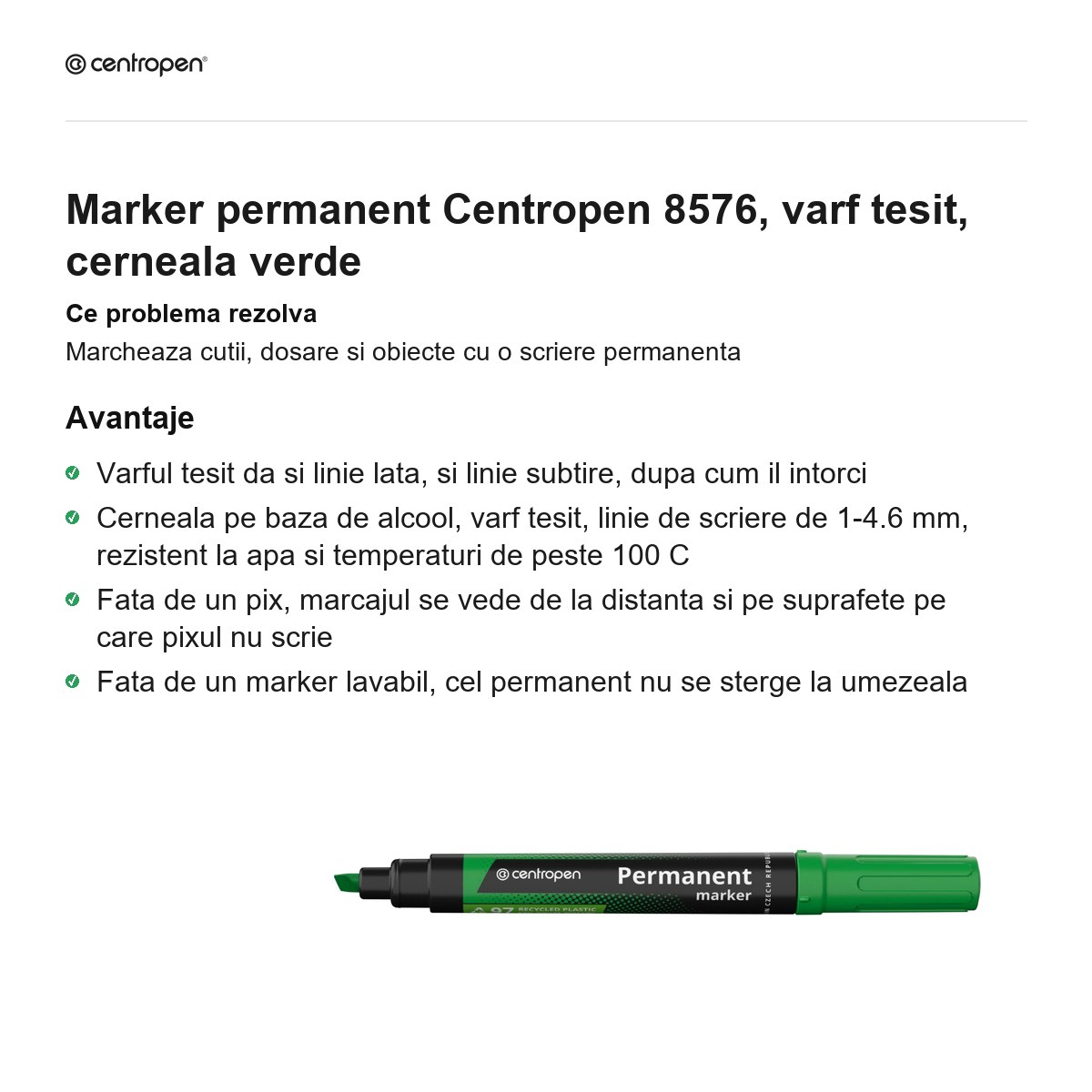 Marker permanent Centropen 8576, varf tesit, cerneala verde [2]