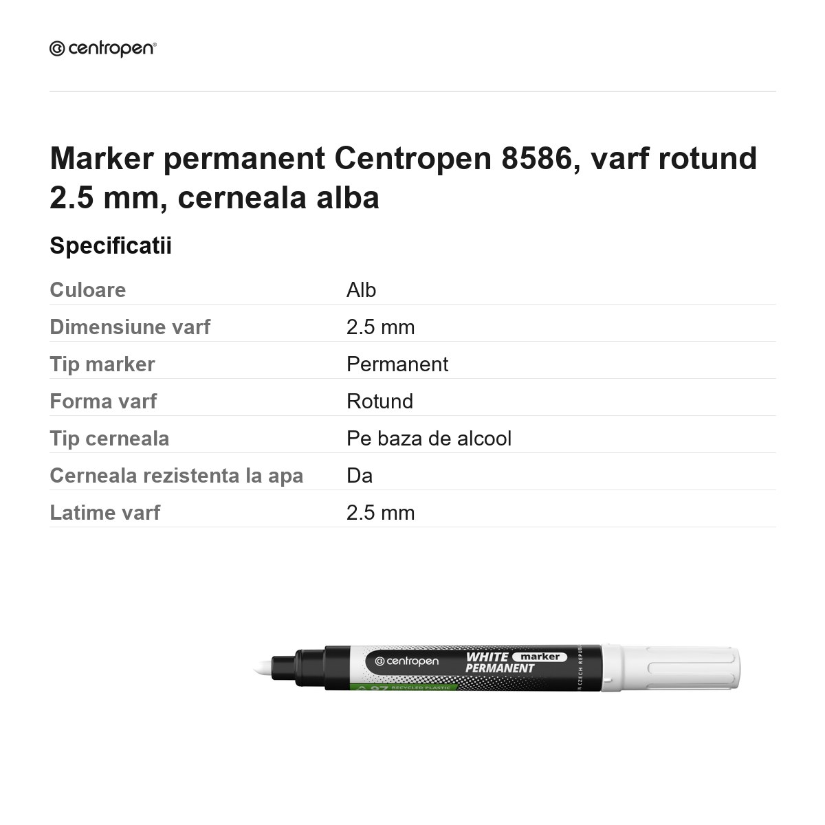 Marker permanent Centropen 8586, varf rotund 2.5 mm, cerneala alba [3]