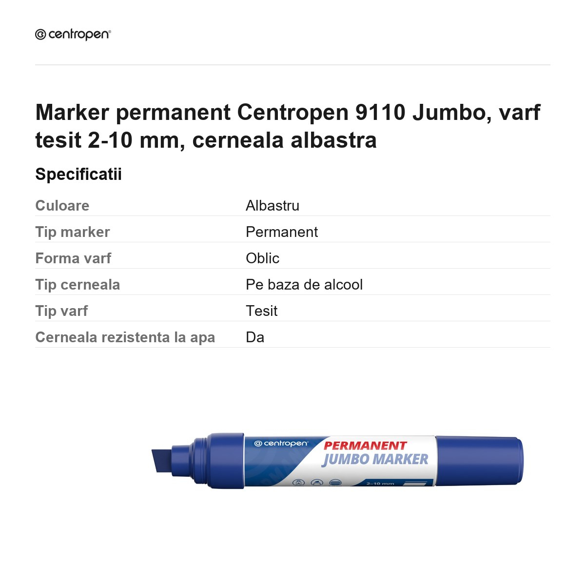 Marker permanent Centropen 9110 Jumbo, varf tesit 2-10 mm, cerneala albastra [3]