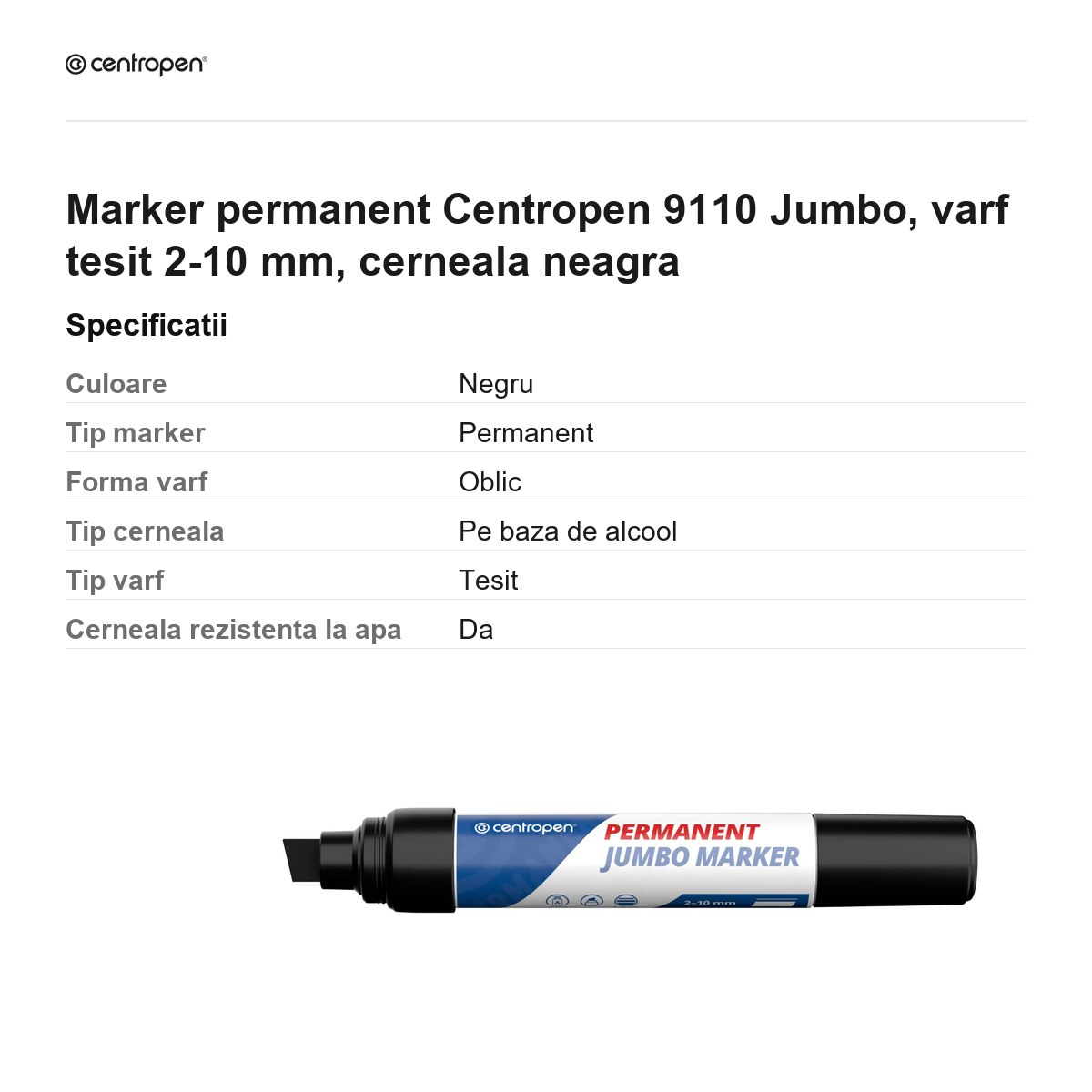 Marker permanent Centropen 9110 Jumbo, varf tesit 2-10 mm, cerneala neagra [3]