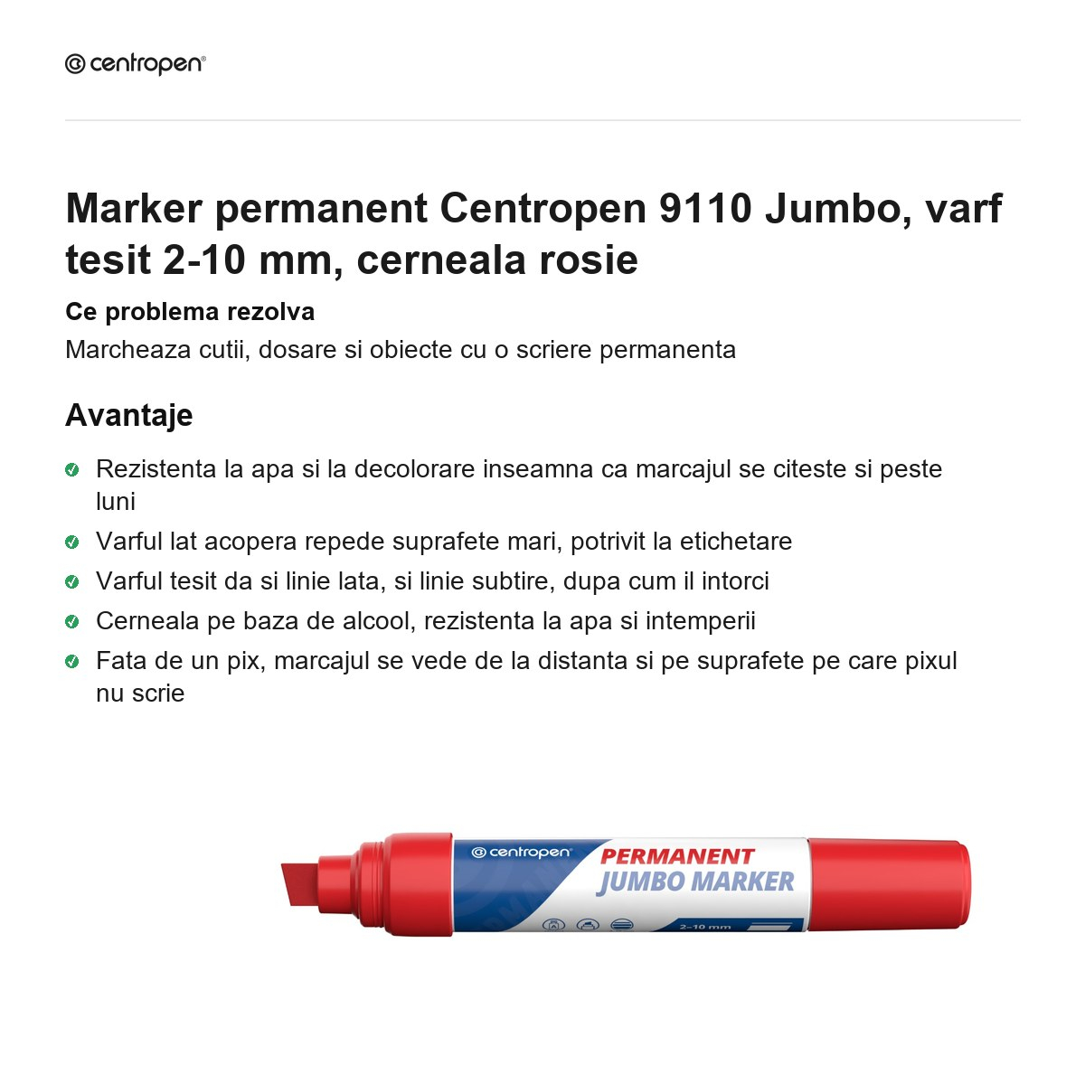 Marker permanent Centropen 9110 Jumbo, varf tesit 2-10 mm, cerneala rosie [2]
