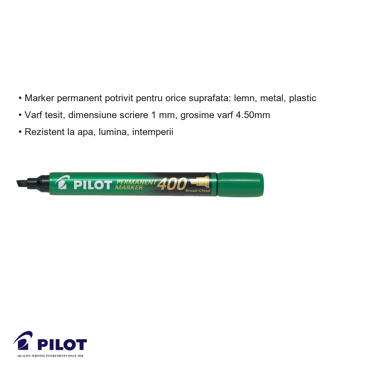 Marker permanent Pilot P400 varf tesit 4mm, cerneala verde, rezistent la apa, pentru lemn metal plastic [5]