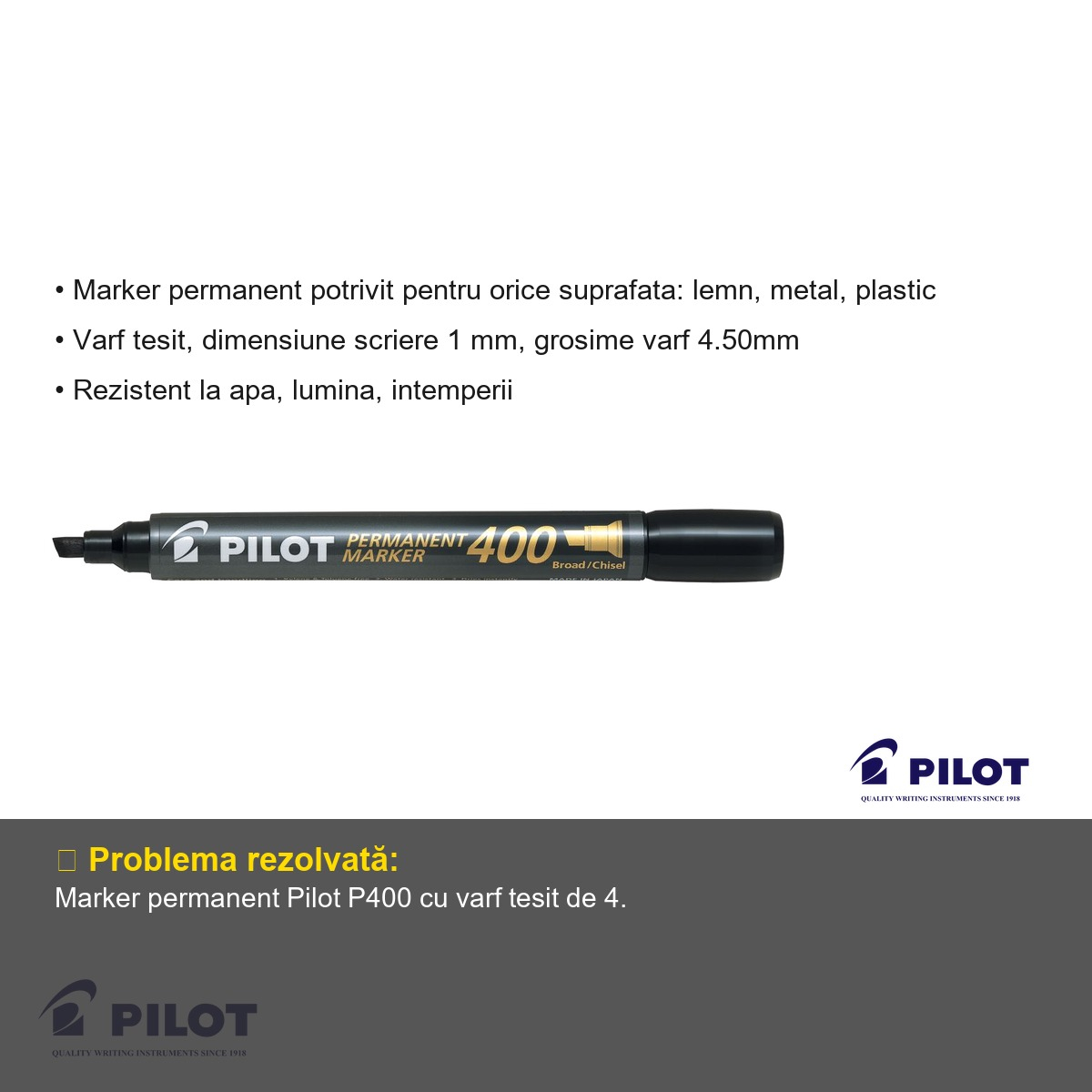 Marker permanent Pilot P400, varf tesit 4mm, negru, rezistent la apa, pentru orice suprafata [6]