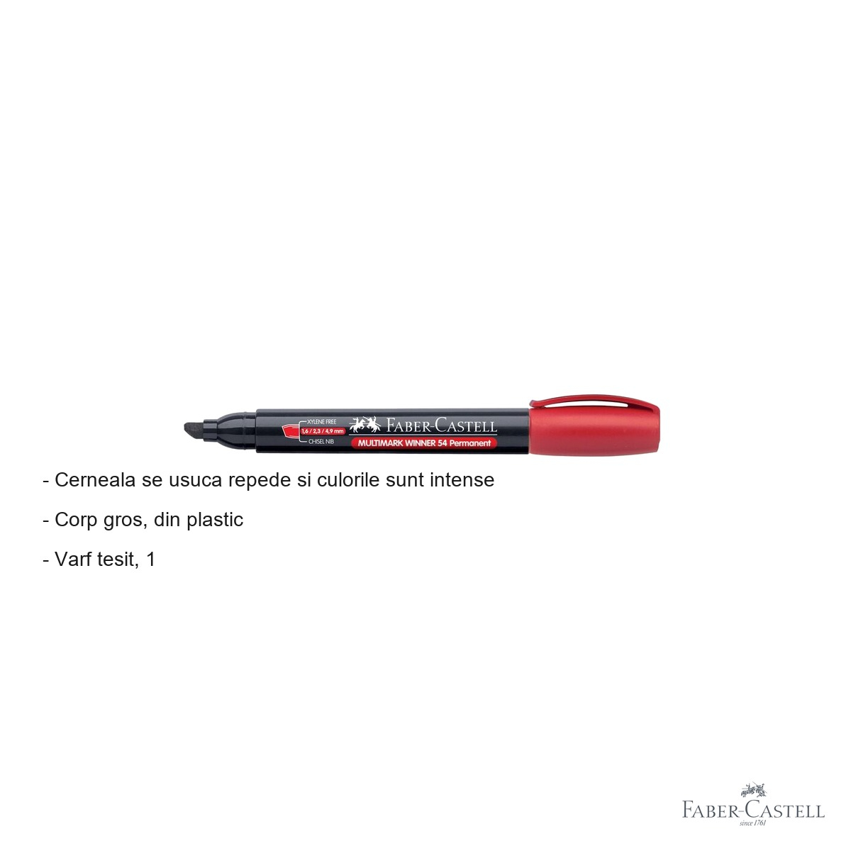 Marker permanent rosu Faber-Castell Winner 54, varf tesit 1.6/2.3/4.9 mm, cerneala pe baza de alcool, pentru suprafete multiple [2]