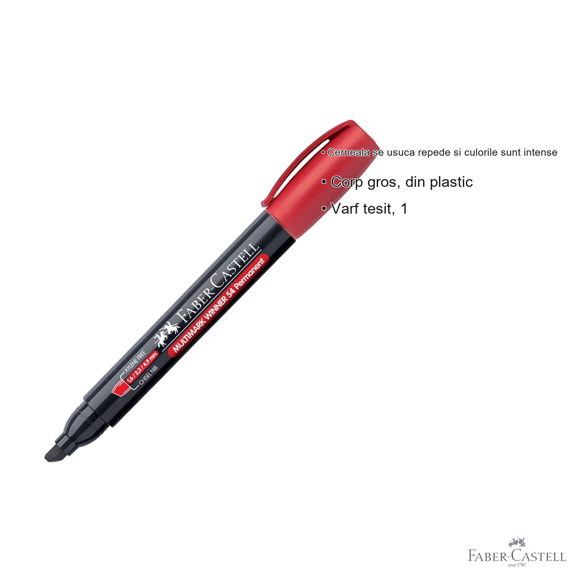 Marker permanent rosu Faber-Castell Winner 54, varf tesit 1.6/2.3/4.9 mm, cerneala pe baza de alcool, pentru suprafete multiple [3]