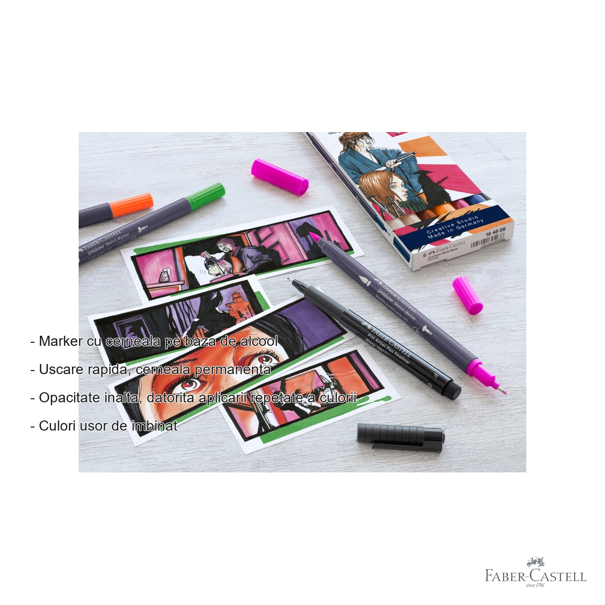 Marker sketch 2 capete Faber-Castell Goldfaber, roz purpuriu mediu 125, pensula si fineliner, pentru desen artistic [2]