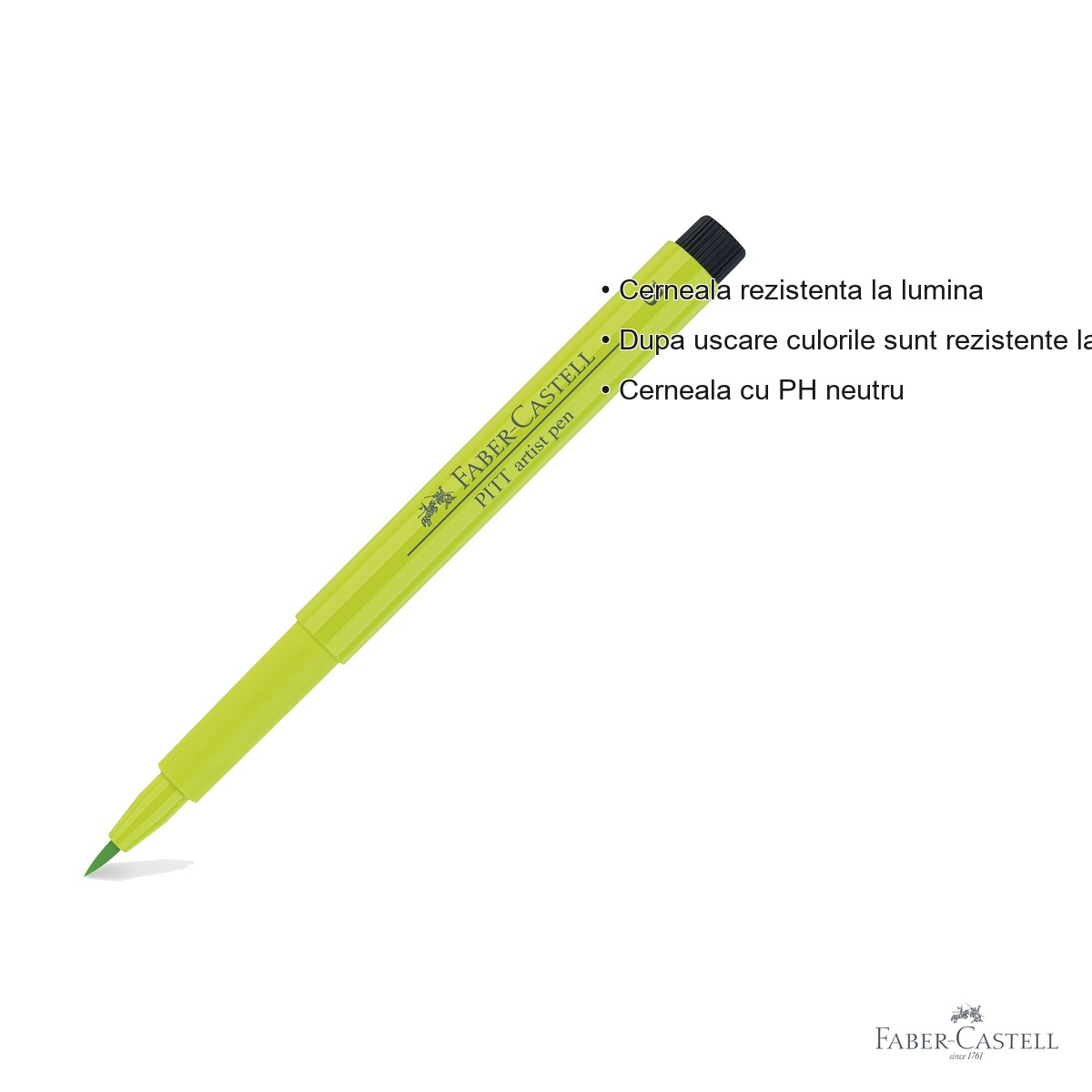 Marker tip pensula Faber-Castell Pitt Artist Pen, cerneala pigmentata rezistenta la apa, culoare vernil deschis, pentru artisti si designeri [3]