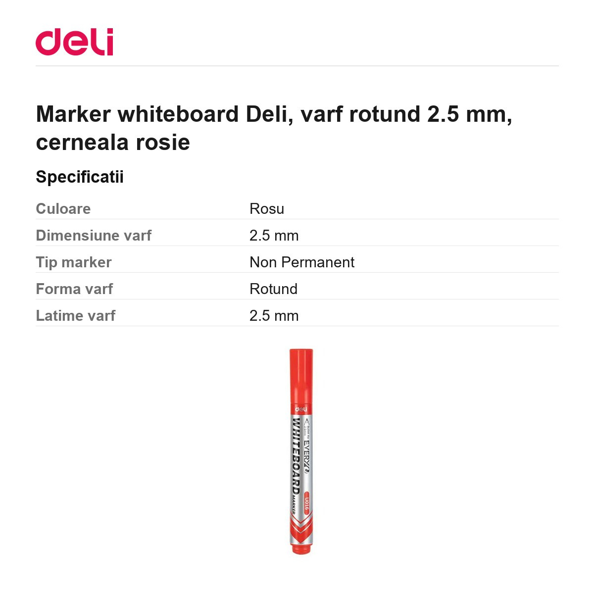 Marker whiteboard Deli, varf rotund 2.5 mm, cerneala rosie [3]