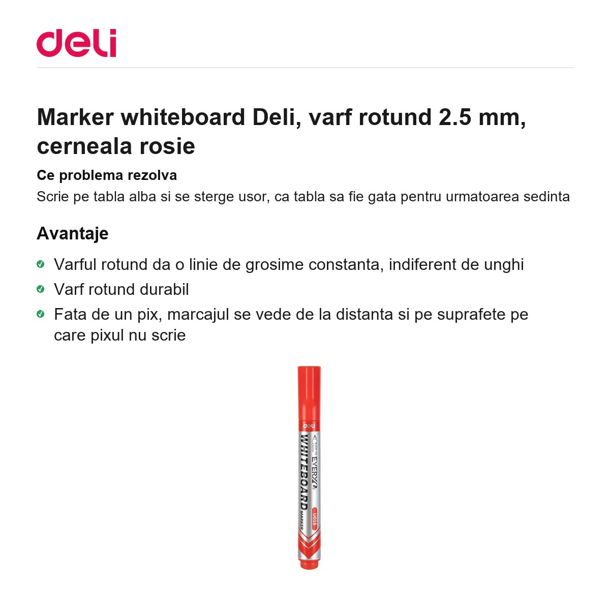 Marker whiteboard Deli, varf rotund 2.5 mm, cerneala rosie [2]