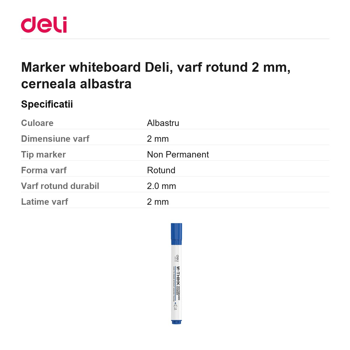 Marker whiteboard Deli, varf rotund 2 mm, cerneala albastra [3]