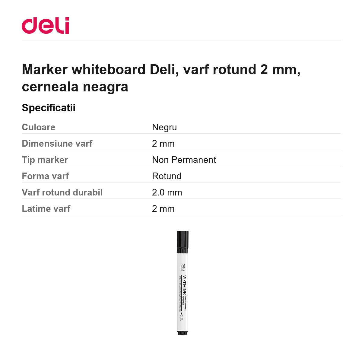 Marker whiteboard Deli, varf rotund 2 mm, cerneala neagra [3]