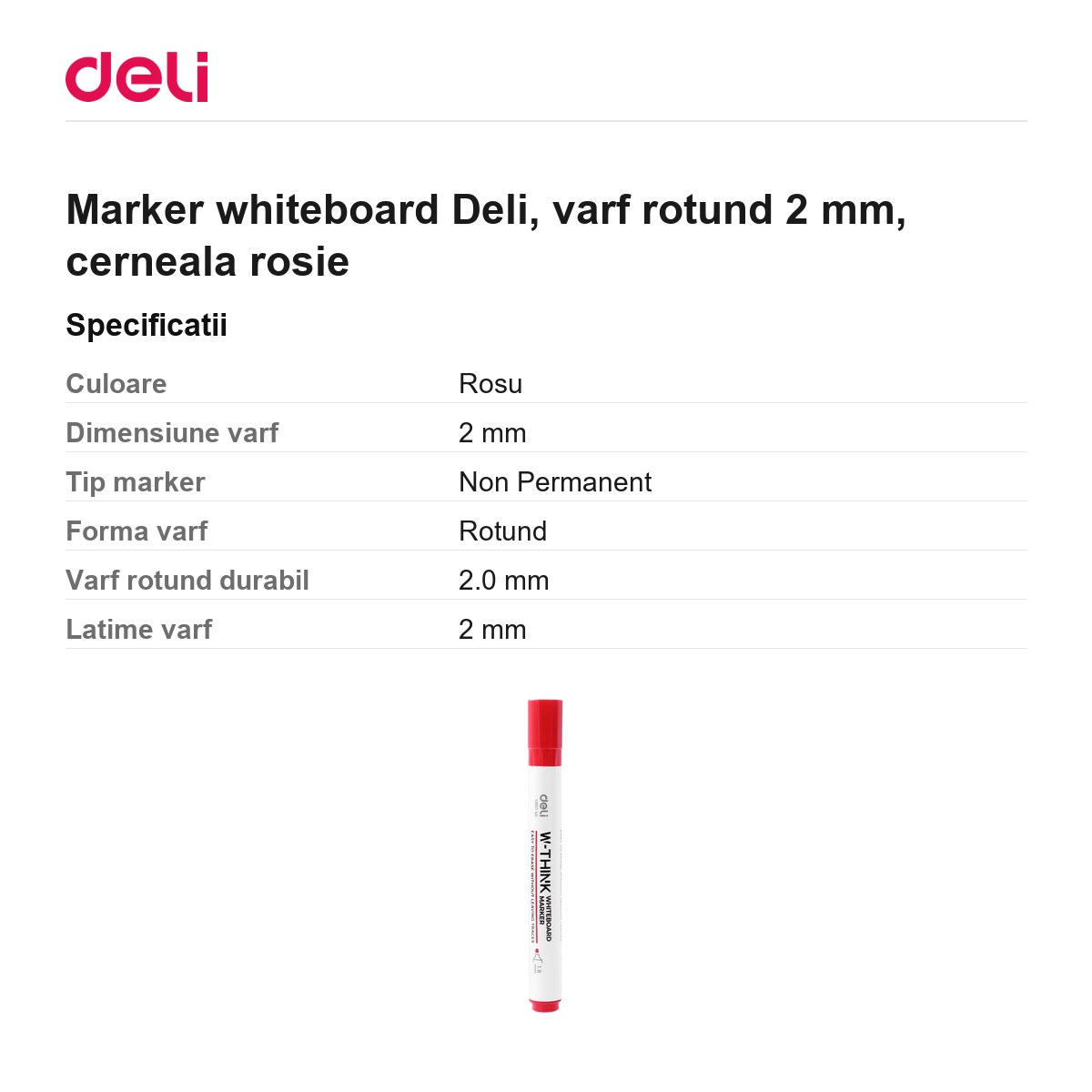 Marker whiteboard Deli, varf rotund 2 mm, cerneala rosie [3]