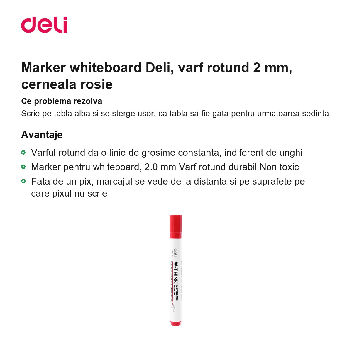 Marker whiteboard Deli, varf rotund 2 mm, cerneala rosie [2]