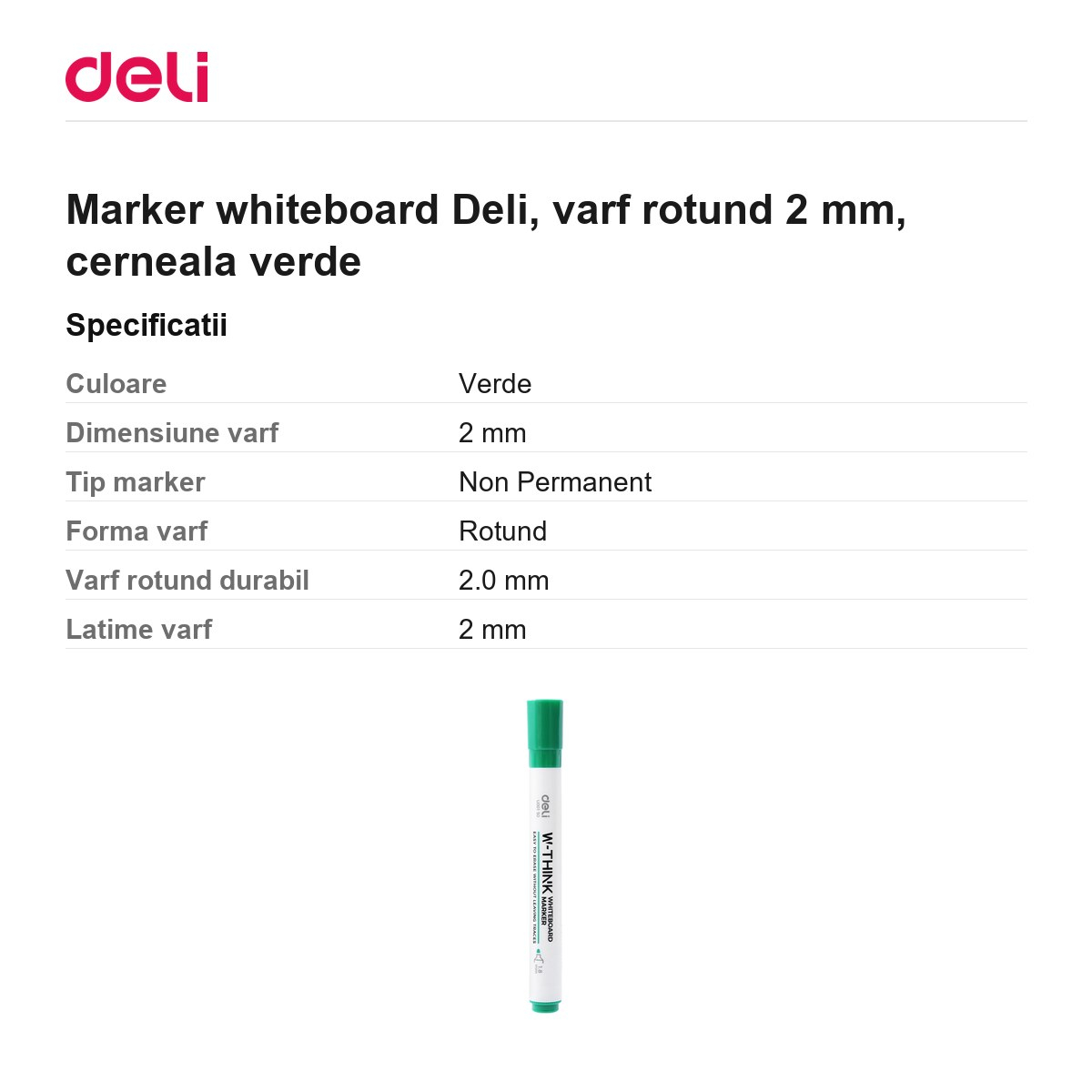 Marker whiteboard Deli, varf rotund 2 mm, cerneala verde [3]