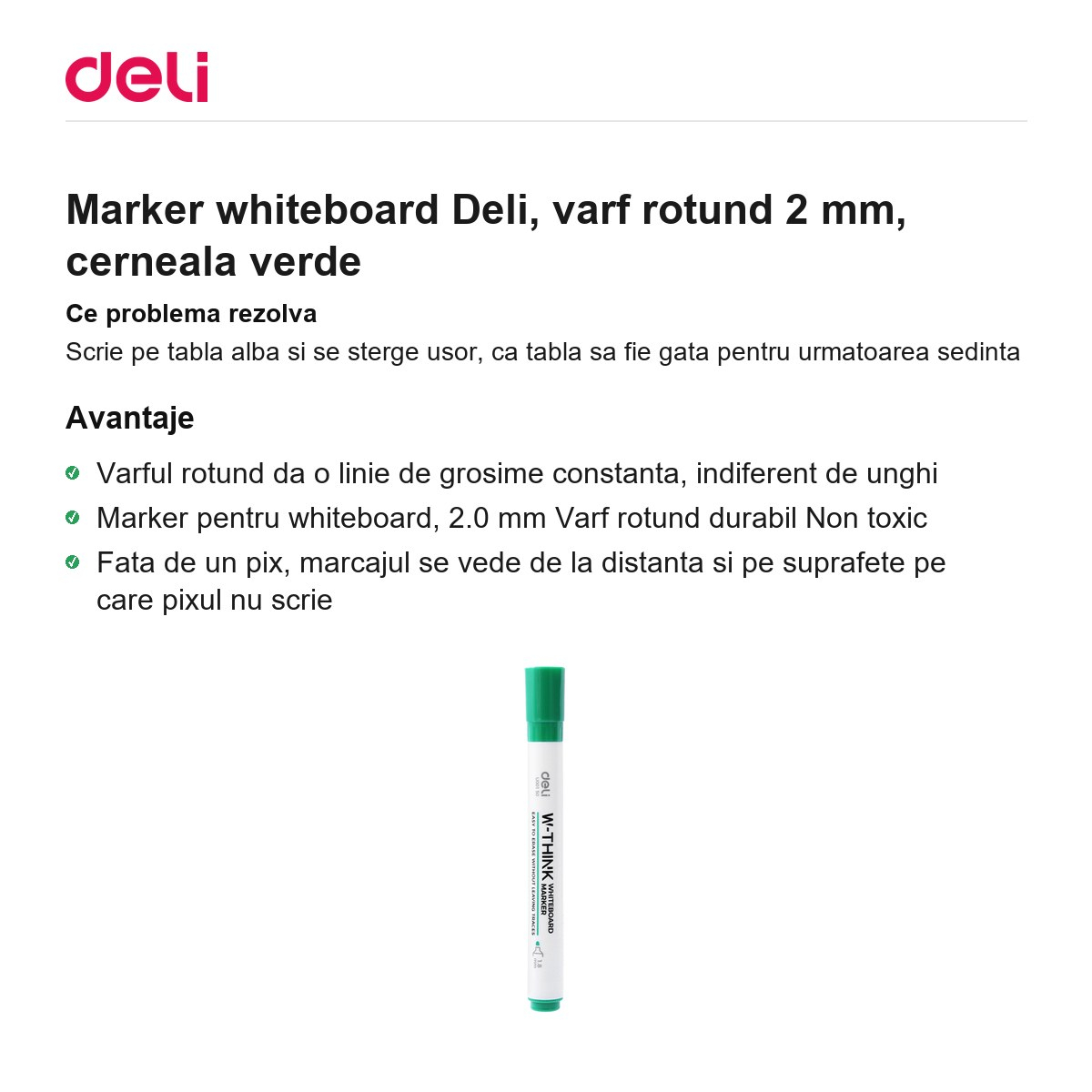 Marker whiteboard Deli, varf rotund 2 mm, cerneala verde [2]