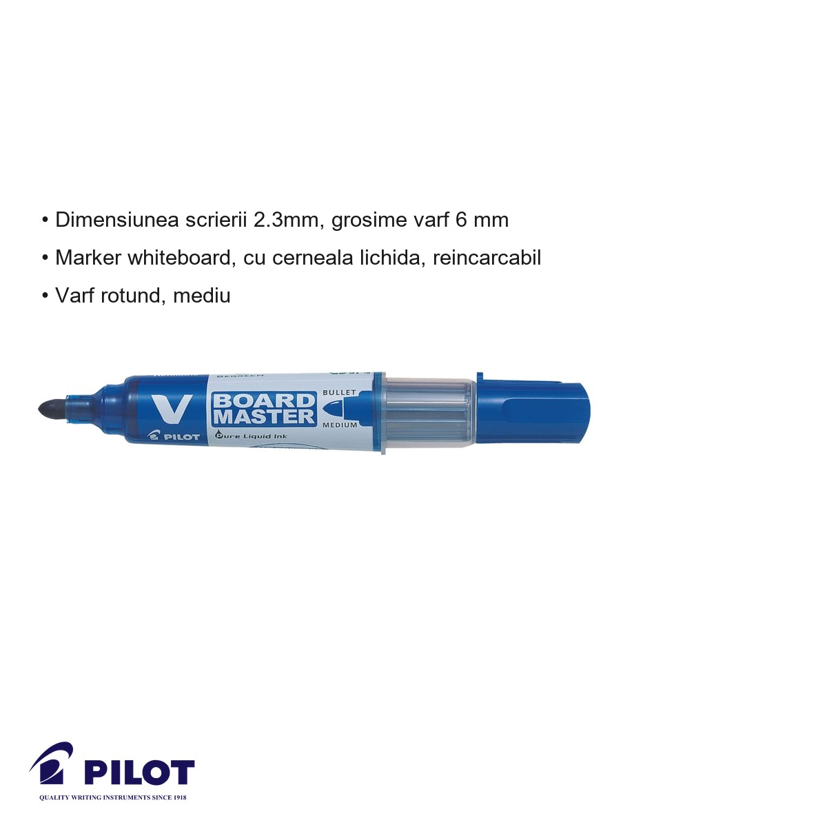 Marker whiteboard Pilot Begreen, varf rotund 6 mm, cerneala albastra, reincarcabil, pentru tabla alba [6]