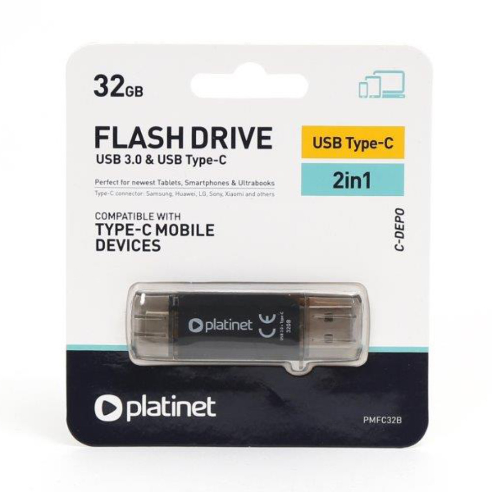 Memorie 32 Gb USB 3.0 si USB tip C , Platinet 45451, scriere 40 Mb/s, citire 100 Mb/s, cu capac, neagra [4]
