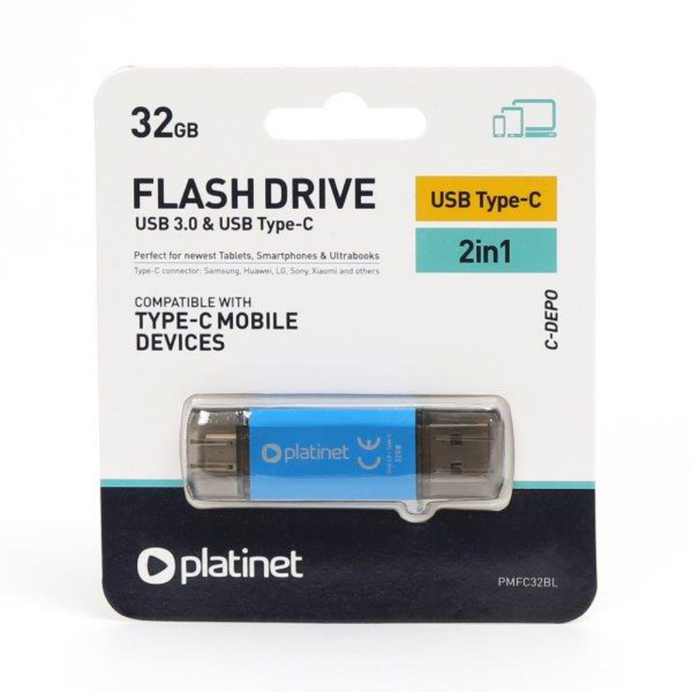 Memorie 32 Gb USB 3.0 si USB tip C , Platinet 45452, scriere 40 Mb/s, citire 100 Mb/s, cu capac, albastra [1]