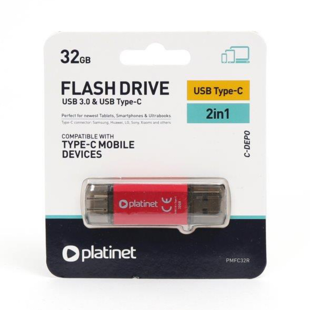Memorie 32 Gb USB 3.0 si USB tip C , Platinet 45453, scriere 40 Mb/s, citire 100 Mb/s, cu capac, rosie [4]