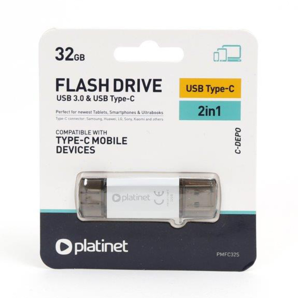 Memorie 32 Gb USB 3.0 si USB tip C , Platinet 45454, scriere 40 Mb/s, citire 100 Mb/s, cu capac, argintie [4]
