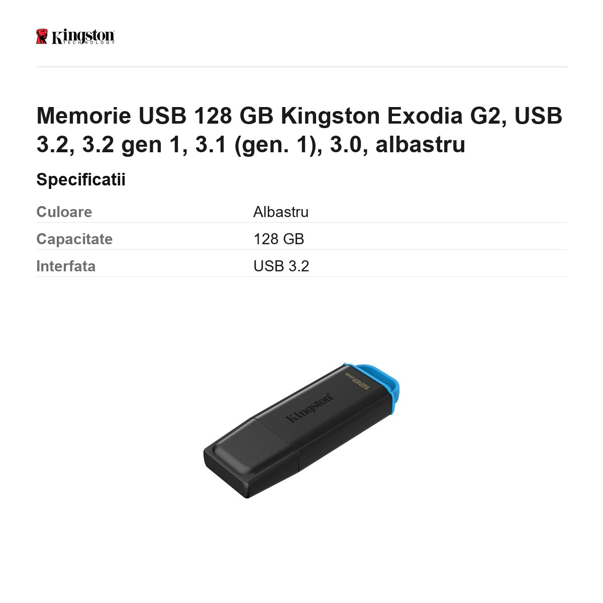 Memorie USB 128 GB Kingston Exodia G2, USB 3.2, 3.2 gen 1, 3.1 (gen. 1), 3.0, albastru [3]