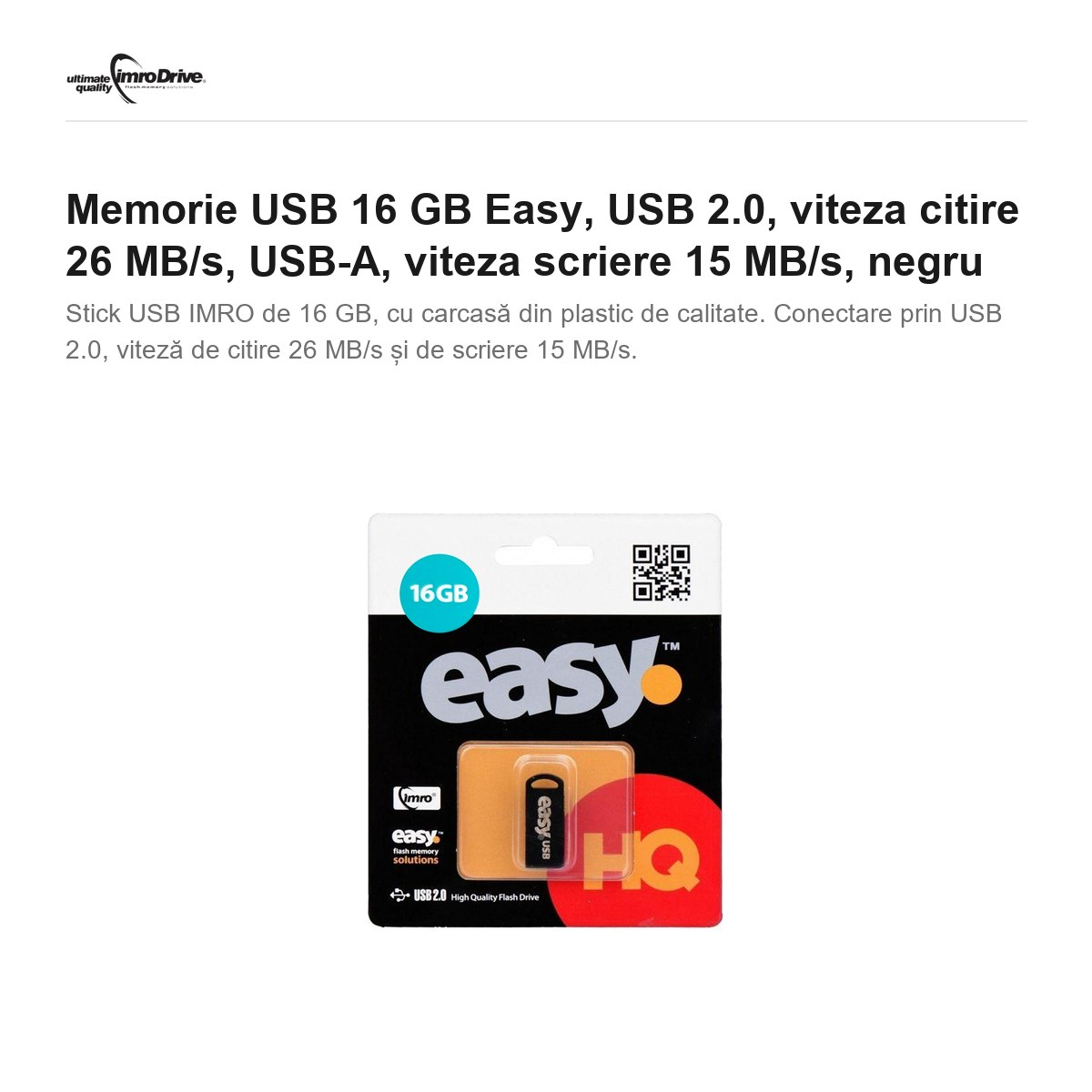 Memorie USB 16 GB Easy, USB 2.0, viteza citire 26 MB/s, USB-A, viteza scriere 15 MB/s, negru [2]