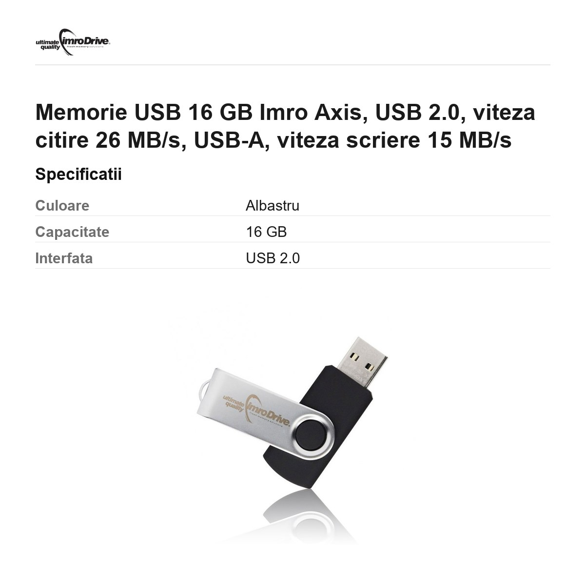 Memorie USB 16 GB Imro Axis, USB 2.0, viteza citire 26 MB/s, USB-A, viteza scriere 15 MB/s [3]