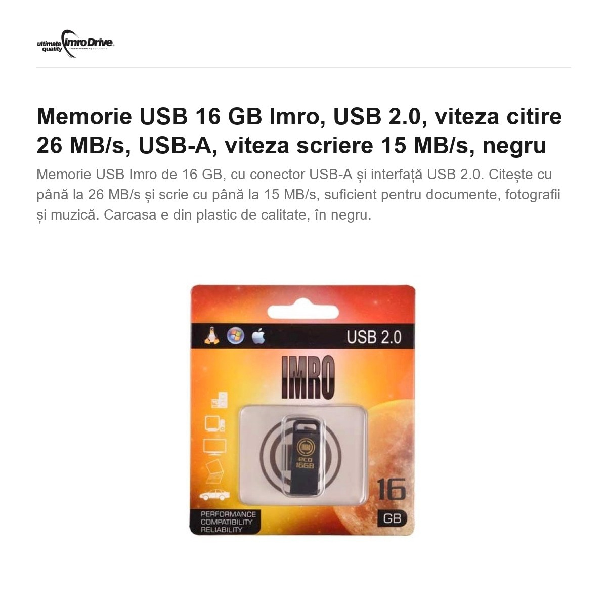 Memorie USB 16 GB Imro, USB 2.0, viteza citire 26 MB/s, USB-A, viteza scriere 15 MB/s, negru [2]
