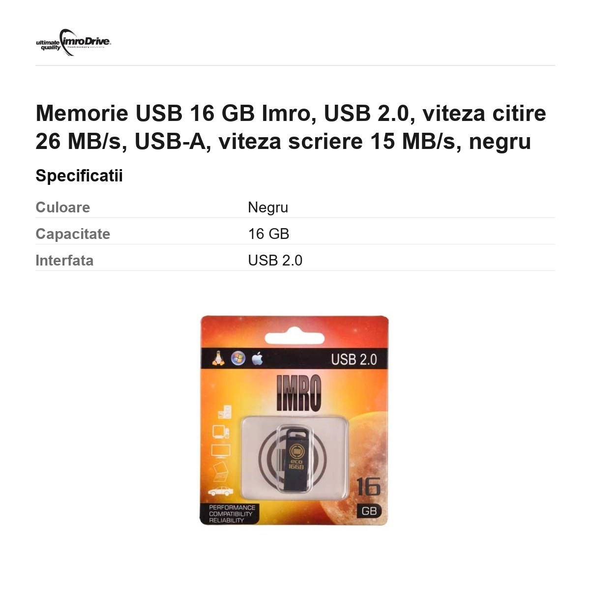 Memorie USB 16 GB Imro, USB 2.0, viteza citire 26 MB/s, USB-A, viteza scriere 15 MB/s, negru [3]