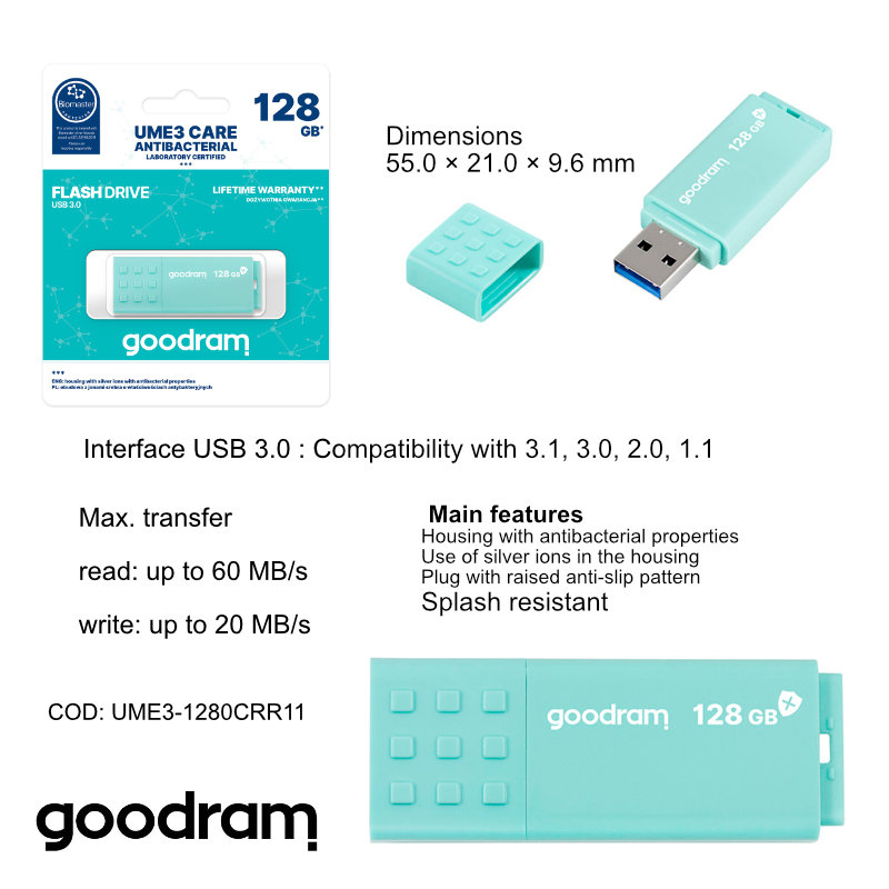Memorie USB 3.0, 128 GB, Goodram UME3 Care, cu capac, albastra [17]
